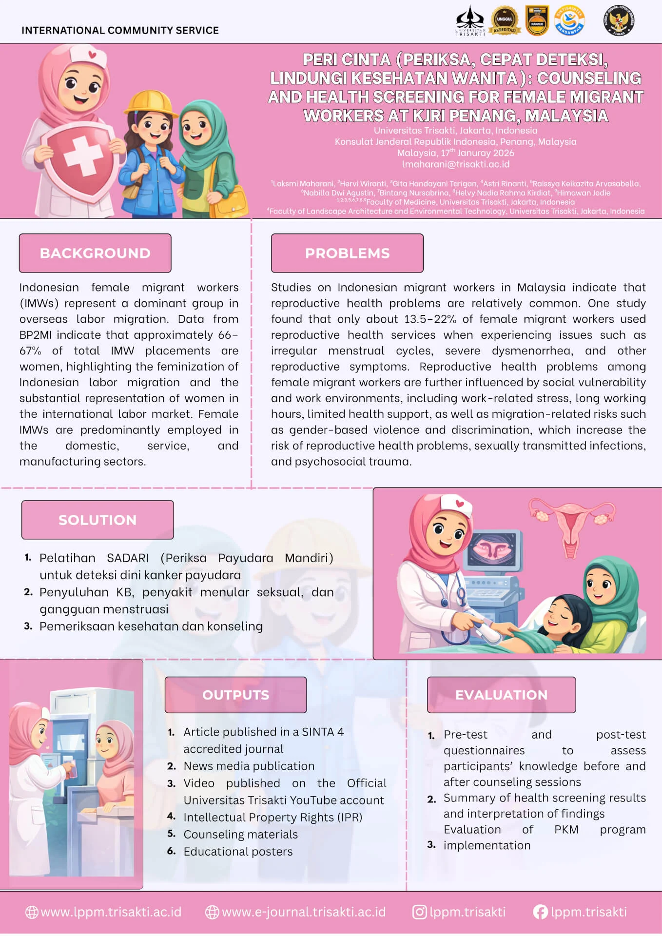 PERI CINTA (Examine, Rapidly Detect, Protect Women’s Health): Counseling and Health Screening for Female Migrant Workers at the Indonesian Consulate General (KJRI) in Penang, Malaysia